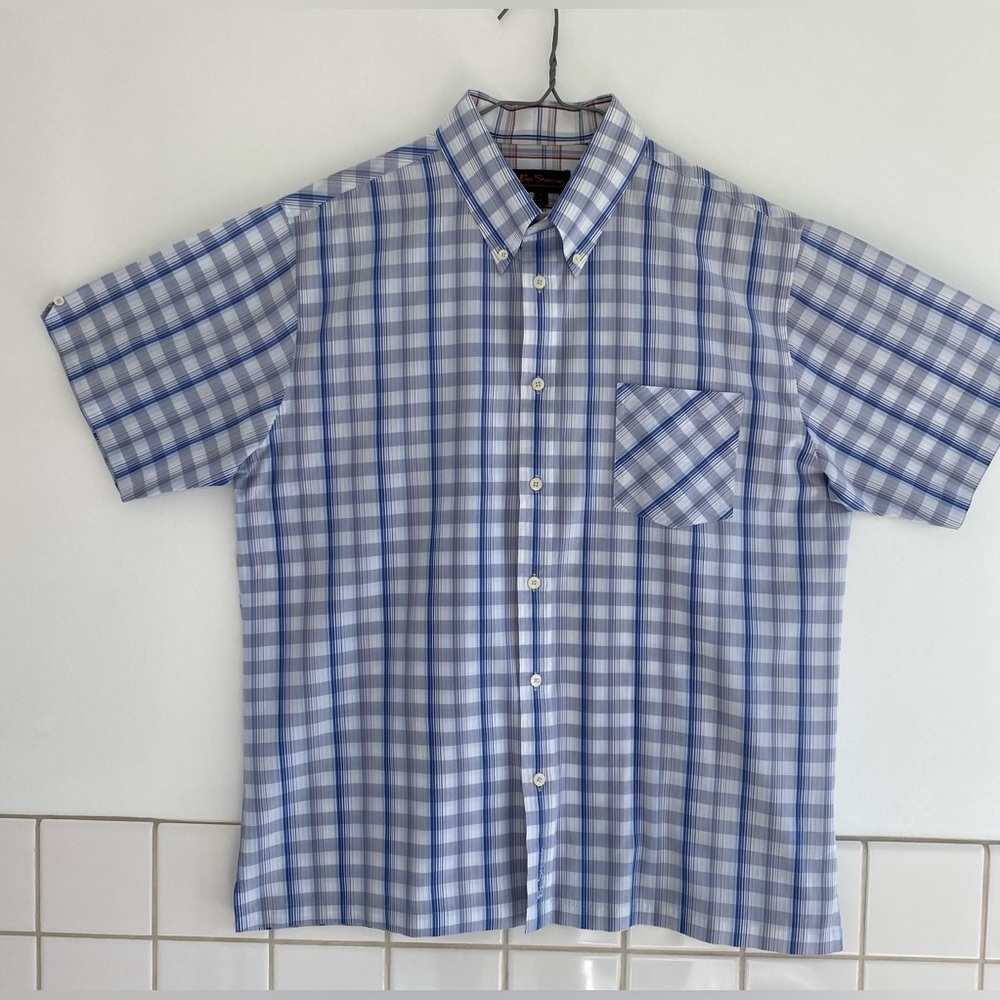 Ben Sherman Blue and White Plaid Shirt Short Sleeves. Sz. Xl
